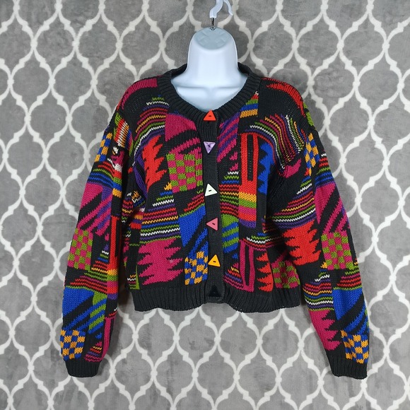 anchor blue Sweaters - Vintage 80s Cardigan Sweater Women Size S Multicolor Geometric Triangle Button